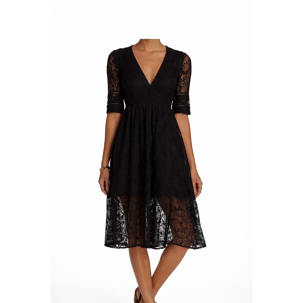 Free People Black Lace Mountain Laurel V-Neck Midi Dress Elbow Sleeve Boho